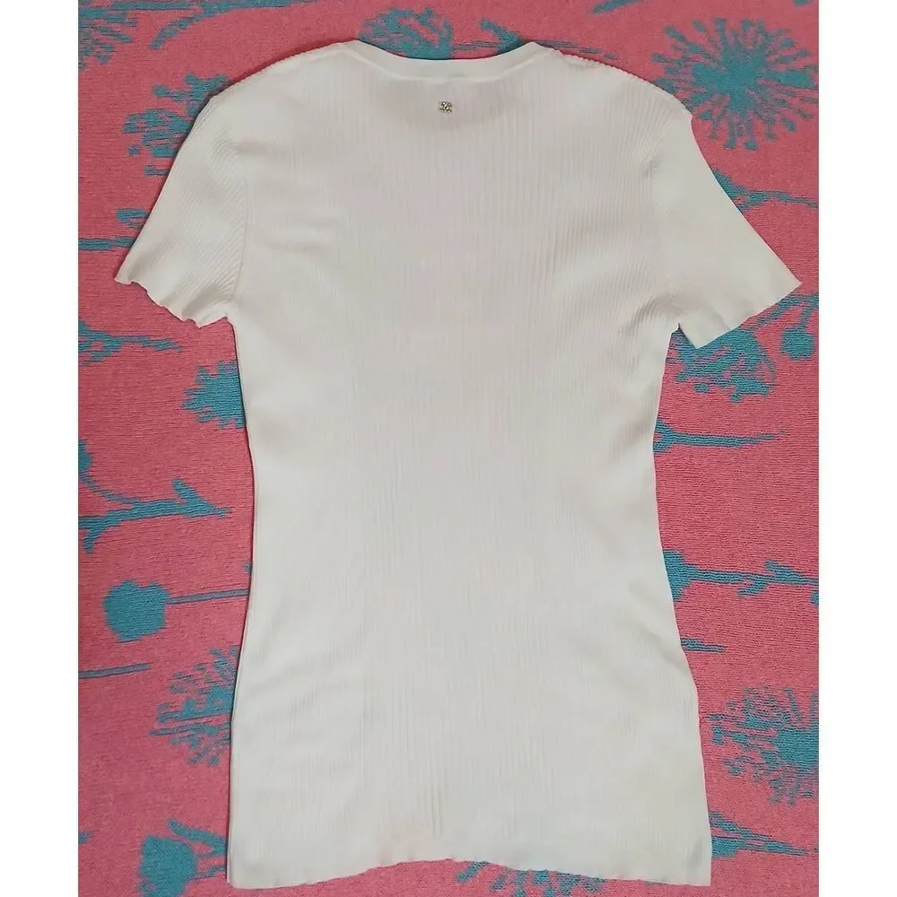 Chanel womens small white top ribbed stretch 100% authentic Short Sleeve
